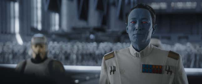 Captain Enoch (Wes Chatham) and Grand Admiral Thrawn (Lars Mikkelsen) with Night Troopers in last week's episode of Ahsoka.