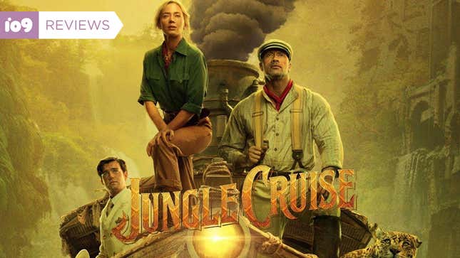 A crop of Disney's Jungle Cruise movie poster features Jack Whitehall, Emily Blunt, and Dwayne Johnson on a steamboat.