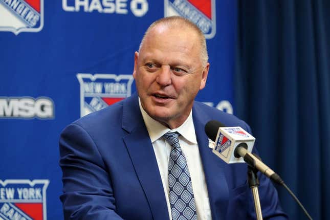 Oct 11, 2022; New York, New York, USA; New York Rangers head coach Gerard Gallant speaks to reporters after a season-opening 3-1 win against the Tampa Bay Lightning at Madison Square Garden.