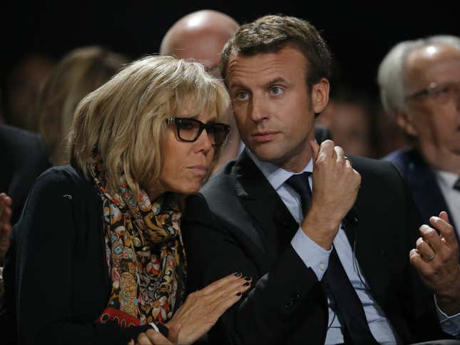 Macron and Trogneux at a political rally for his movement, En Marche!