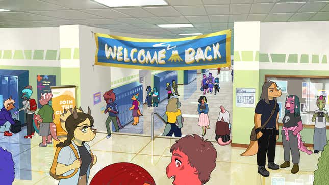 Some dinosaur characters walk around in high school.