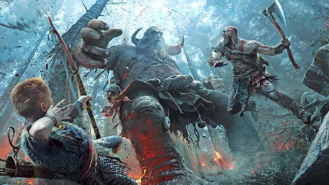 Kratos leaps up to attack a giant troll while his son fires an arrow at it. 