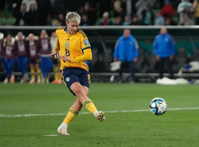Aug 6, 2023; Melbourne, AUS; Sweden forward Lina Hurtig (8) shoots and scores the winning goal in the penalty kick shootout during a Round of 16 match in the 2023 FIFA Women&#39;s World Cup at Melbourne Rectangular Stadium.