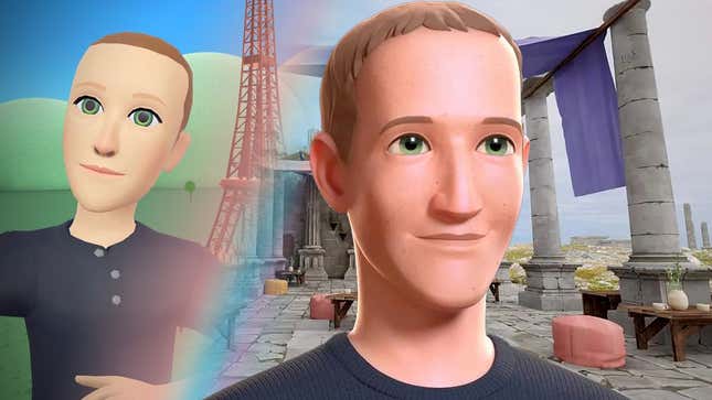 Mark Zuckerberg in Horizon Worlds, with an older version standing in front of the Eiffel Tower and a newer version showing off better in-game graphics.