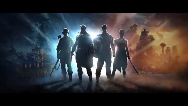 Silhouettes of heroes stand in front of a light.