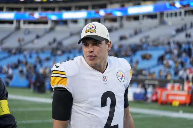 Dec 18, 2022; Charlotte, North Carolina, USA; Pittsburgh Steelers quarterback Mason Rudolph (2) walks off the field after the win over the Carolina Panthers at Bank of America Stadium.