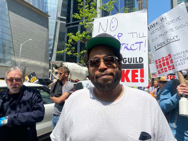 John Mahone, 36, one of the thousands of writers on strike demanding a fair contract, picketing outside of HBO and Amazon’s studio. (05/10/203) 