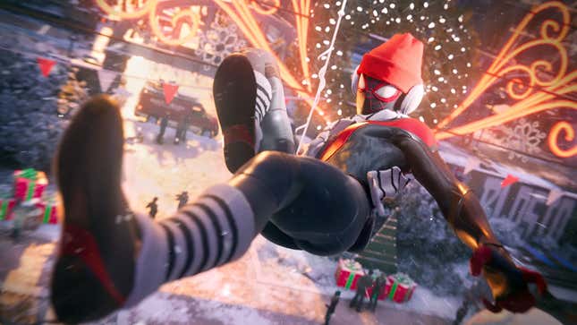 Miles Morales swings over New York Christmas decorations.  