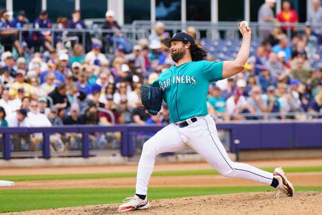Mar 19, 2023; Peoria, Arizona, USA;  Seattle Mariners pitcher Robbie Ray (38) on the mound in the fifth inning during a spring training game against the Chicago White Sox at Peoria Sports Complex.
