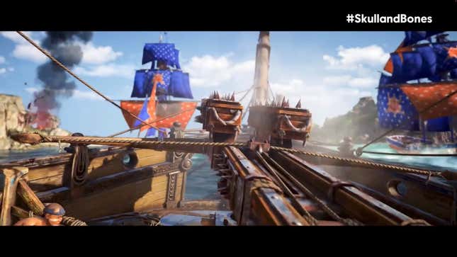 A first-person view of a pirate ship battle looks down a crossbow.