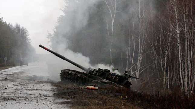 Wreckage of a Russian tank destroyed by Ukrainian forces