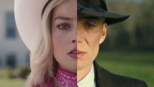 Margot Robbie as Barbie and Cillian Murphy as Oppenheimer in spliced "Barbenheimer" picture.