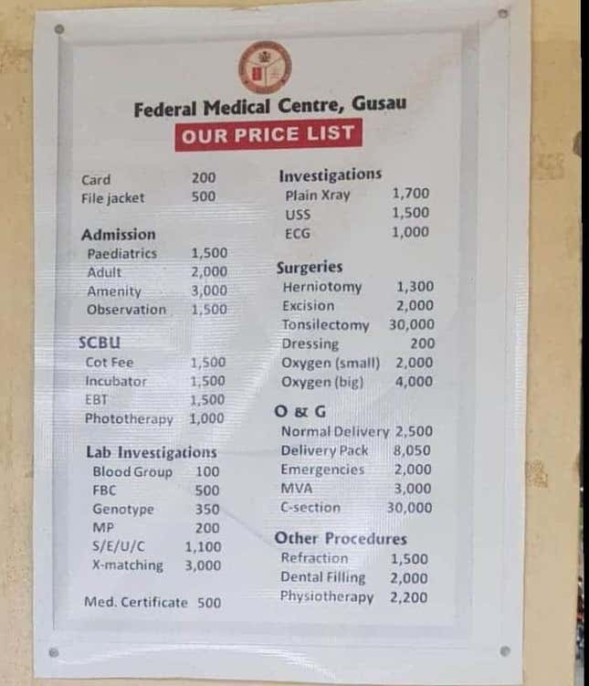 A price list for medical treatment at a hospital in Nigeria lists oxygen as one of the more expensive treatments.