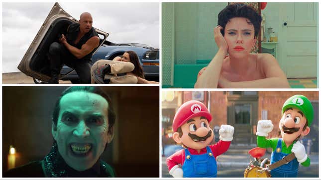 No sentido horário do canto superior esquerdo: Fast X (Universal), Asteróide City (Focus), The Super Mario Bros. Movie (Universal), Renfield (Universal)
