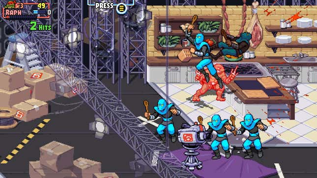 Beating up goons on the set of a daytime cooking show in Shredder's Revenge.