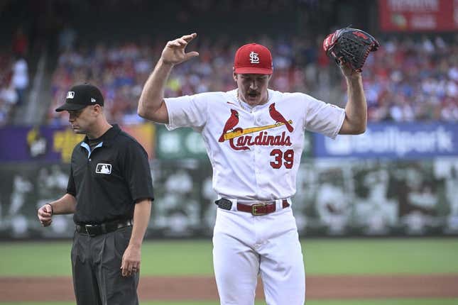 Jul 27, 2023; St. Louis, Missouri, USA; St. Louis Cardinals starting pitcher Miles Mikolas (39) reacts after being ejected in a game against the Chicago Cubs in the first inning at Busch Stadium.