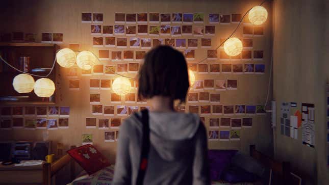 A girl stares at a wall full of photographs in the game Life is Strange.