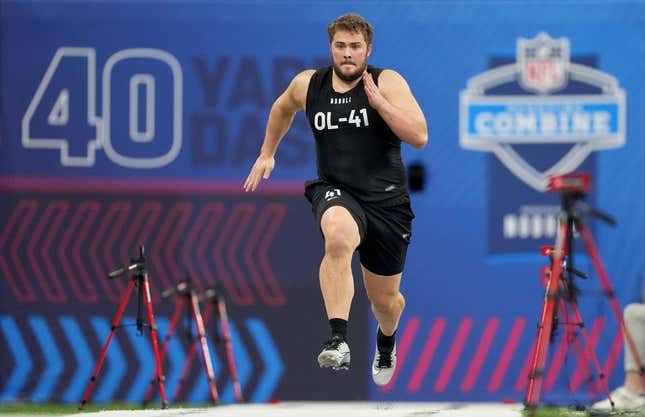 Mar 5, 2023; Indianapolis, IN, USA; \Northwestern offensive lineman Peter Skoronski (OL41) during the NFL Scouting Combine at Lucas Oil Stadium.