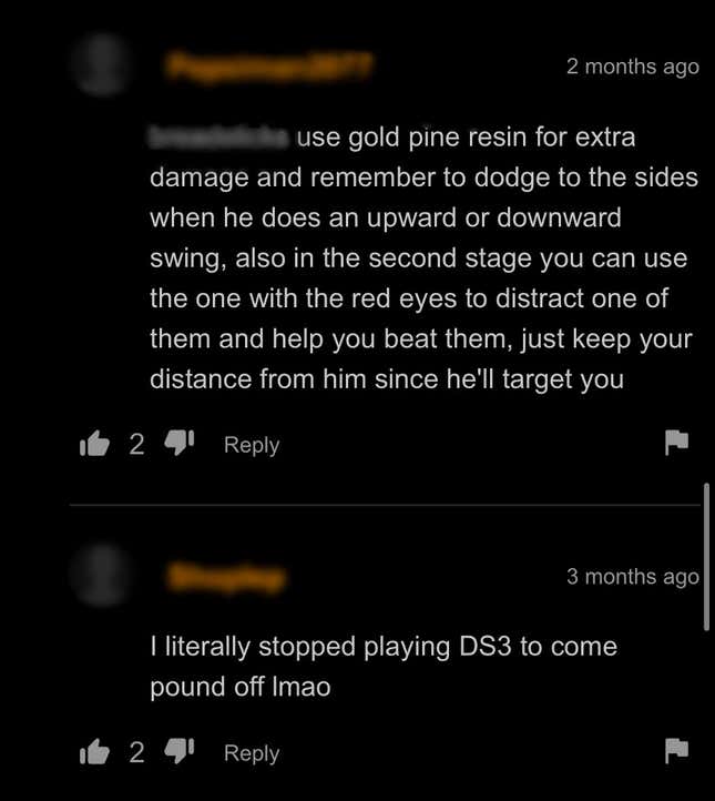 A screenshot from a different Pornhub video, where commenters are discussing how best to beat the final boss in Dark Souls 3. 