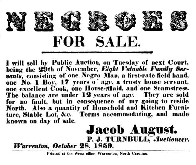 Flyer announcing a slave sale, 1859, United States. (Photo by: Photo12/Universal Images Group via Getty Images)