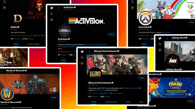 A collage of Activision Blizzard-related Twitter accounts.