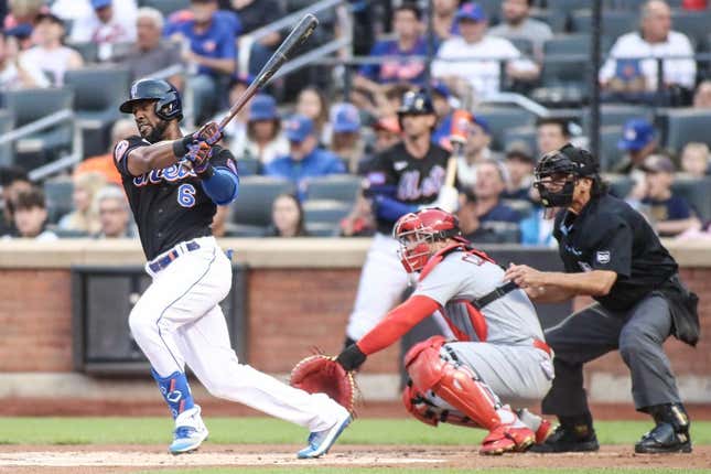 Jun 16, 2023; New York City, New York, USA; New York Mets right fielder Starling Marte (6) hits a single in the first inning against the St. Louis Cardinals at Citi Field.