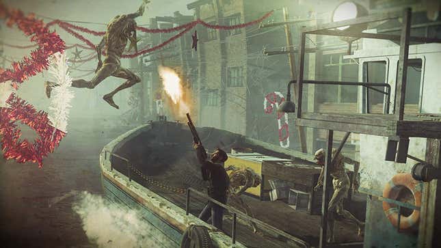 A chimera leaps onto a boat to attack the progatonist of Resistance 3.