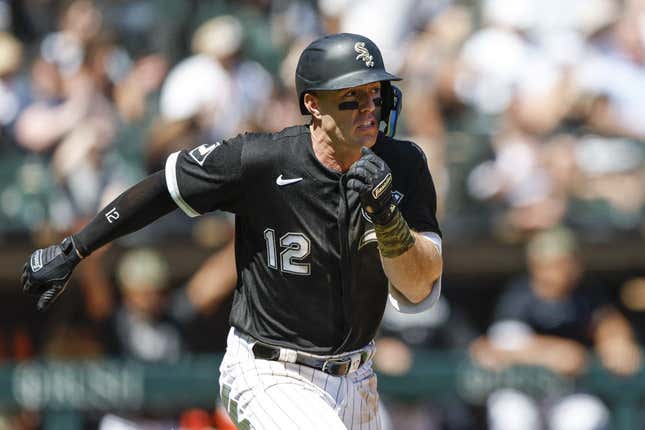 May 21, 2023; Chicago, Illinois, USA; Chicago White Sox right fielder Romy Gonzalez (12) runs after hitting a two-run triple against the Kansas City Royals during the fifth inning at Guaranteed Rate Field.