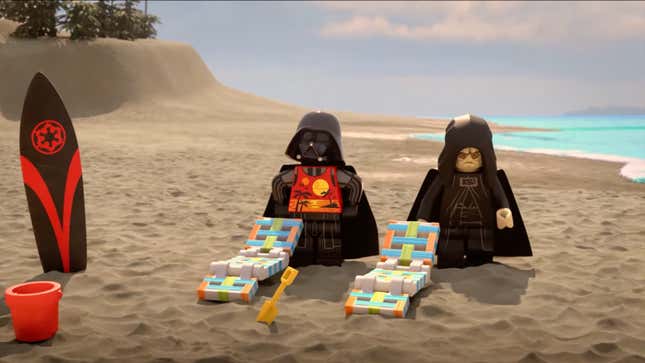 Lego Darth Vader and the Emperor hit the beach with an Imperial Surfboard standing nearby.