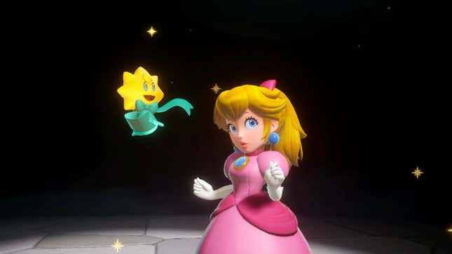 Peach and the star guardian stand against a black background. 