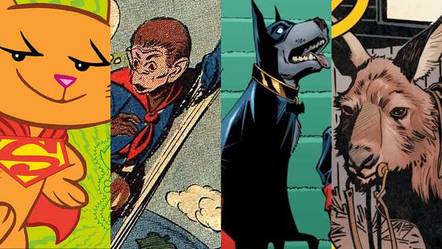 DC Comics imagery of Streaky, Beppo, Ace, and Jumpa--some superpet stars.