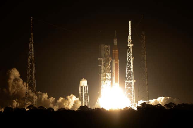 NASA's new moon rocket lifts off from Launch Pad 39B at the Kennedy Space Center in Cape Canaveral, Fla., Wednesday, Nov. 16, 2022. This launch is the first flight test of the Artemis program.