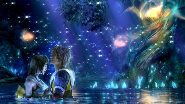 Image of Final Fantasy X characters, Tidus and Yuna, holding each other in a forest lake.