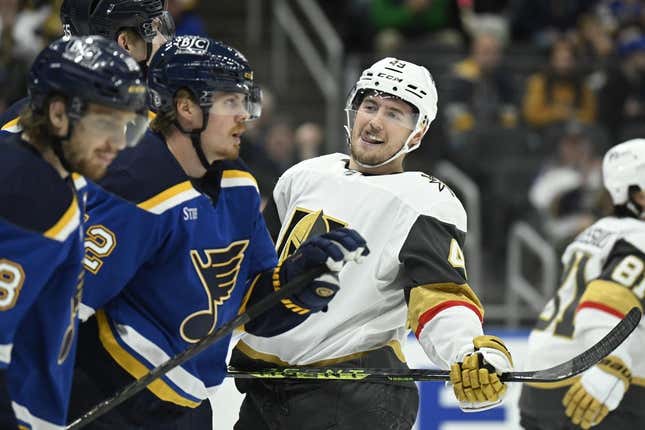 Mar 12, 2023; St. Louis, Missouri, USA; Vegas Golden Knights center Ivan Barbashev (49) reacts after a scoring chance against the St. Louis Blues during the first period at Enterprise Center.