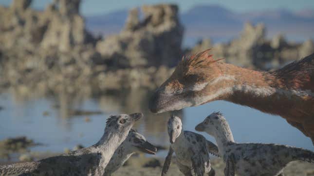 A Pectinodon inspects several juveniles.