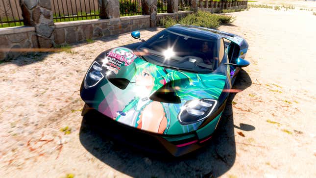 Hatsune Miku on a Ford GT in Forza Horizon 5. 