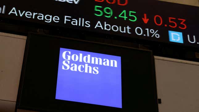 A screen with the Goldman Sachs logo below a stock ticker