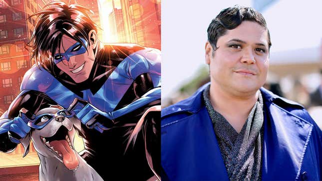 Comics character Nightwing and actor Harvey Guillén pictured side-by-side.