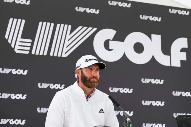 Major champion Dustin Johnson faces the media at the LIV press conference this morning.