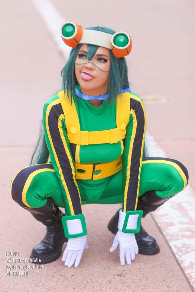 Froppy from My Hero Academia, crouching down on the ground. 