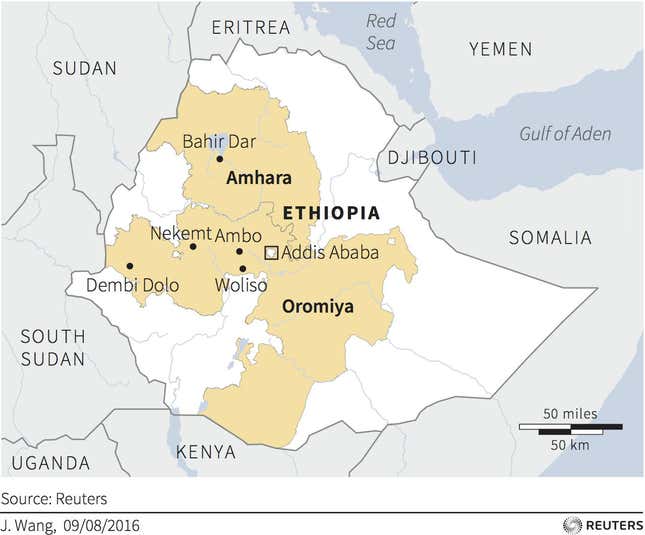 Map locating Amhara and Oromiya regions where protests have occurred in Ethiopia.