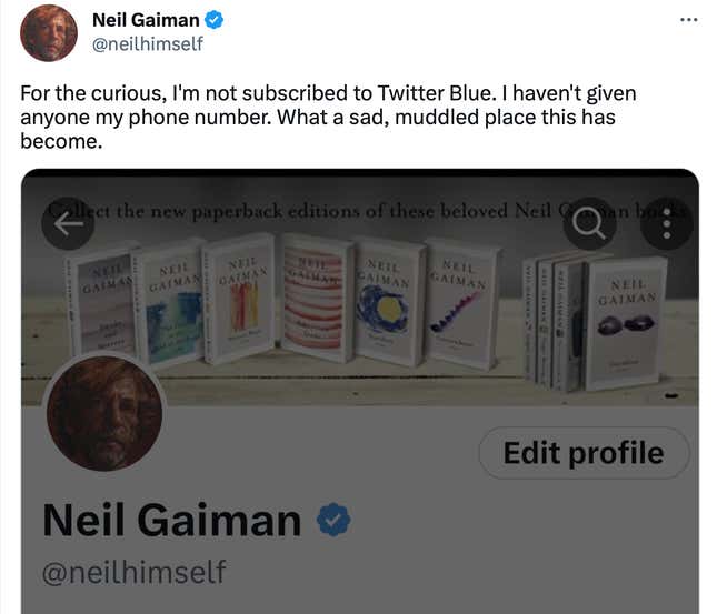 A screenshot of writer Neil Gaiman's tweet, which says he did not pay for a blue checkmark on Twitter.