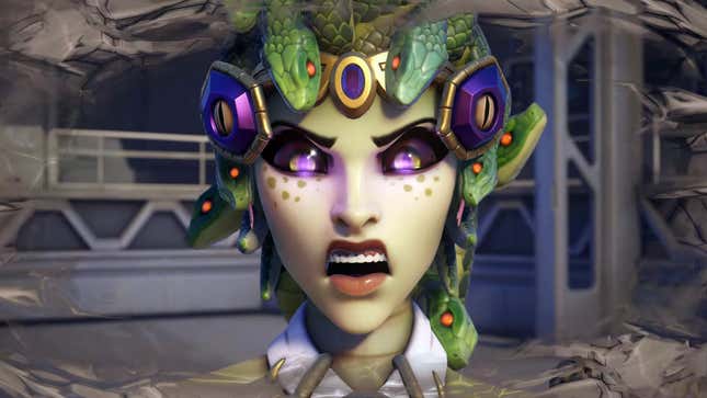 An image of Overwatch 2's sniper Widowmaker in her new Medusa skin giving a titillating death stare.