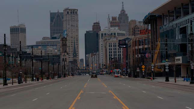A photo of empty streets in downtown Detroit, Michigan. 
