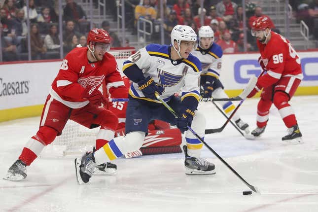 Mar 23, 2023; Detroit, Michigan, USA; St. Louis Blues center Brayden Schenn (10) handles the puck during the first period against the Detroit Red Wings at Little Caesars Arena.