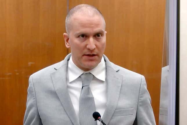 Former Minneapolis police Officer Derek Chauvin addresses the court as Hennepin County Judge Peter Cahill presides over Chauvin’s sentencing at the Hennepin County Courthouse in Minneapolis.