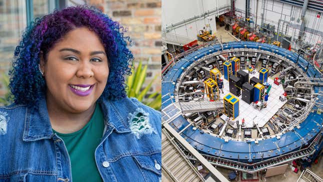 Jessica Esquivel, Ph.D and an overhead view of the Muon g-2 experiment.