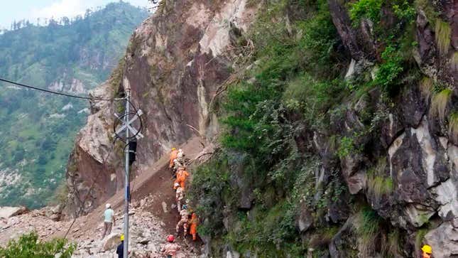 Rescuers at the site of a landslide in Kinnaur district in the northern Indian state of Himachal Pradesh, Wednesday, Aug. 11, 2021.