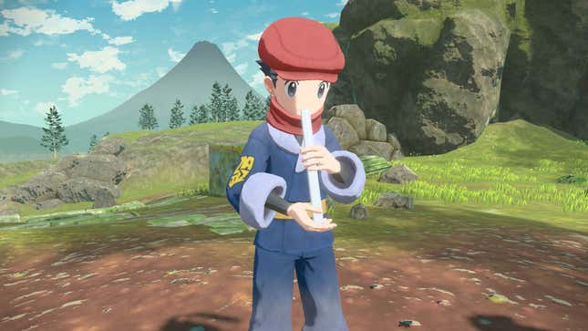 A Pokémon trainer holds a flute in Pokémon Legends Arceus, one of the video games coming out in January 2022.