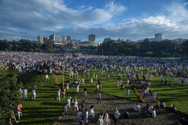 Ethiopians participate in the annual Irrecha thanksgiving festival in the capital Addis Ababa, Ethiopia Saturday, Oct. 5, 2019. The annual Irrecha festival of Ethiopia's largest ethnic group, the Oromo, attracted millions from across Ethiopia and was held in the capital for the first time after 150 years on Saturday.